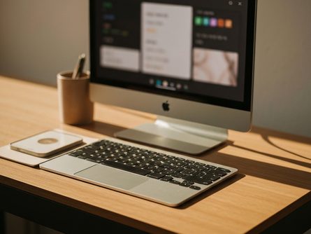 나무 책상 위에 놓인 공공시설 안내 책자와 볼펜, 주민센터 배경의 화분