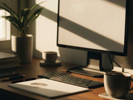 책상 위에 놓인 부동산 계약서, 인감도장, 주택 모형, 계산기가 있는 장면