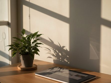 나무 책상 위에 놓인 지역 안내 책자와 시설 안내 지도, 연필과 공책