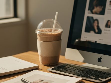 맑은 하늘 아래 강남구 고층 오피스 빌딩과 주거용 아파트 단지가 나란히 서 있는 모습, 넓은 도로와 녹지 공간