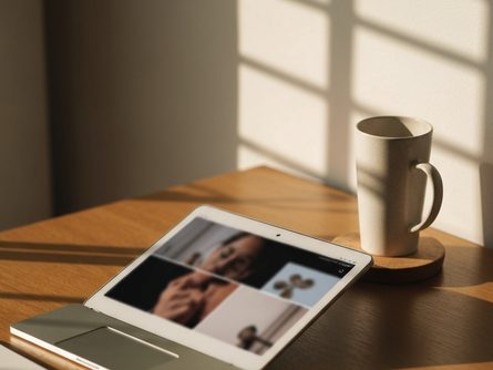 햇살이 드는 레스토랑 테이블 위에 놓인 파스타 요리와 샐러드, 와인 잔