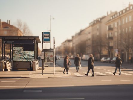버스 정류장 앞에 정차한 파란색 간선버스와 초록색 지선버스, 뒤로 보이는 아파트 단지와 맑은 하늘